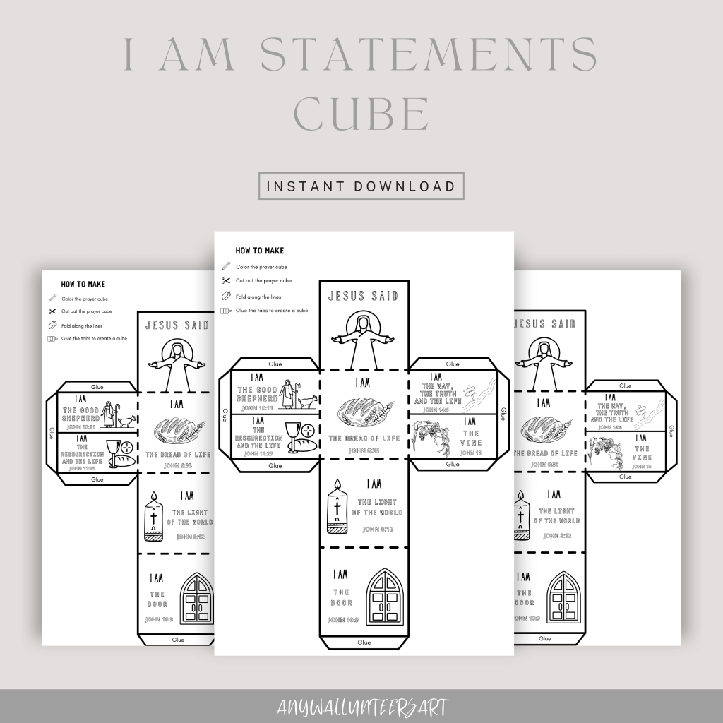 I Am Statements of Jesus Coloring Cube, Printable Sunday School Lesson, Kids Bible Study, Scripture Activity, Christian Printable Craft