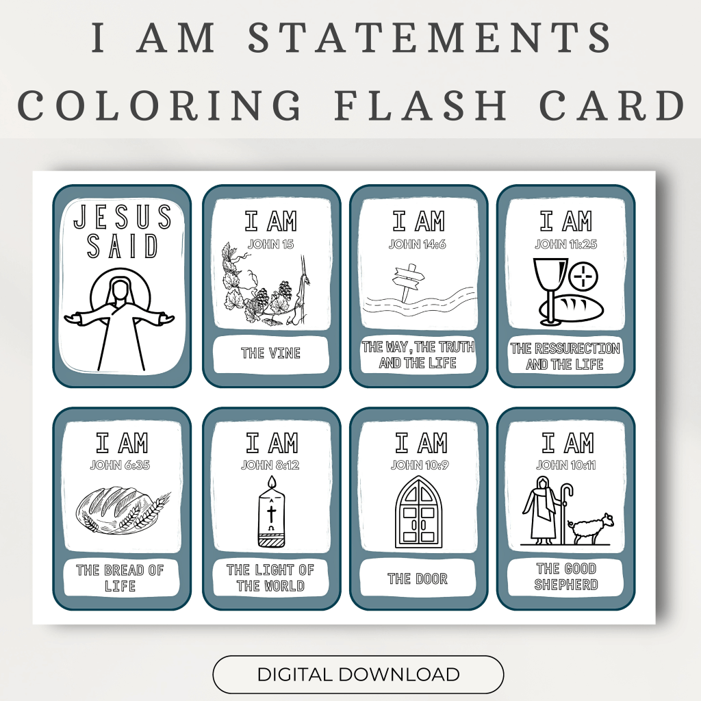 I Am Statements of Jesus Coloring Flash Card, Printable Sunday School Lesson, Kids Bible Study,Scripture Activity, Christian Printable Craft