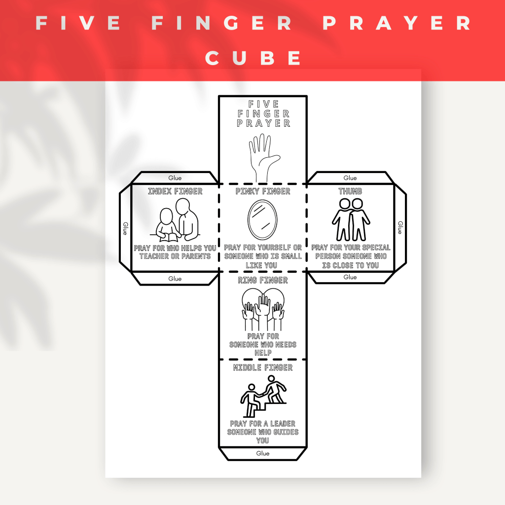 Five Finger Prayer Coloring Cube,Printable Christian Craft,Religious Craft for Kids,DIY Christian Printable for Children,Sunday School Craft