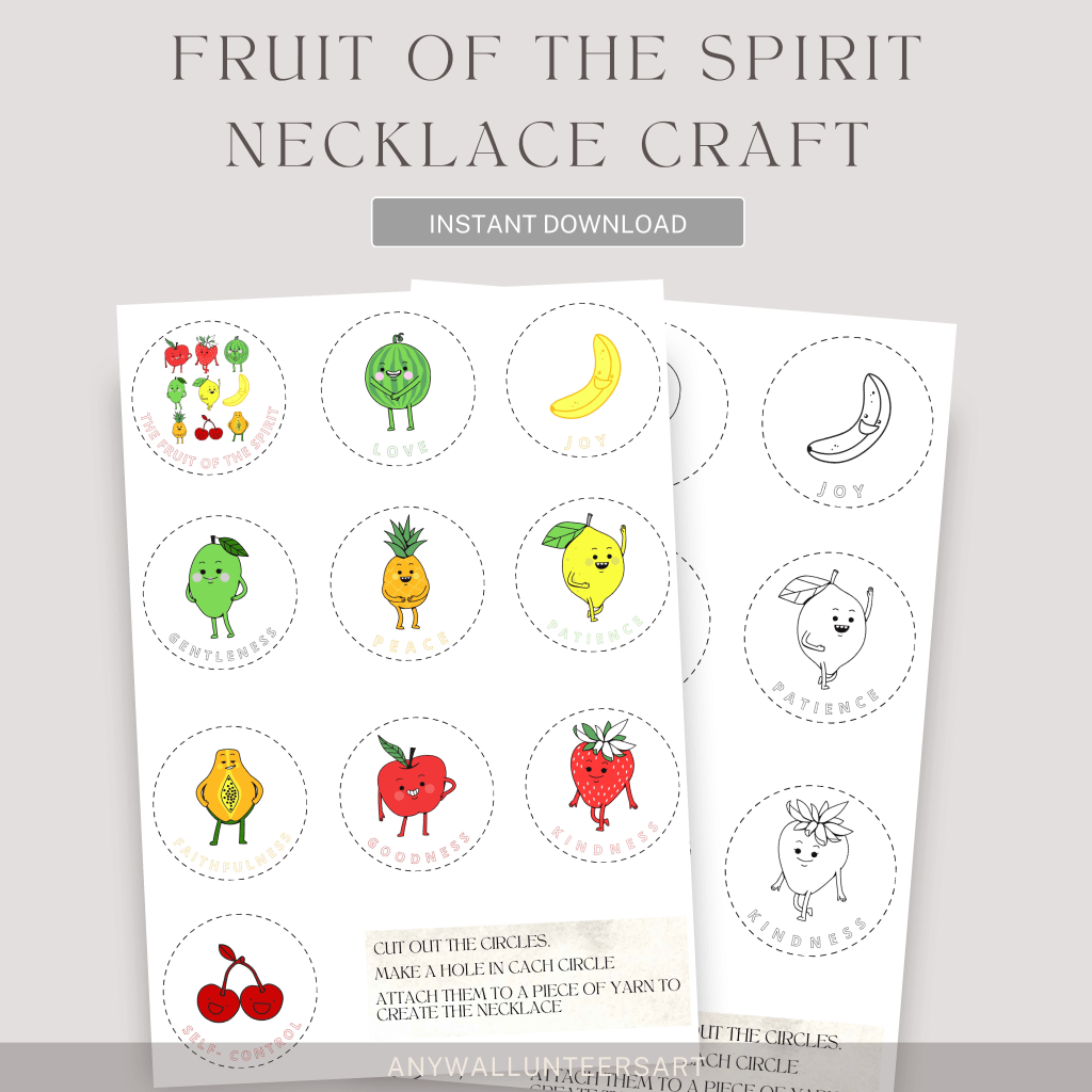 Galatians 5:12-13 Fruit of the Spirit Necklace Craft, Fruit of the Spirit Activity, Homeschool Worksheet, Printable Sunday School Craft