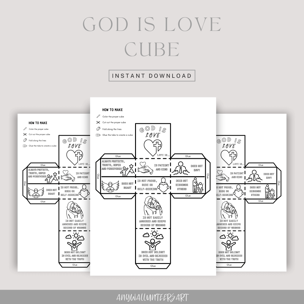 God Is Love Coloring Cube,Printable  Bible Coloring Page Learning Sheet, Bible Verse Sunday School Activity, Printable Sunday School Craft