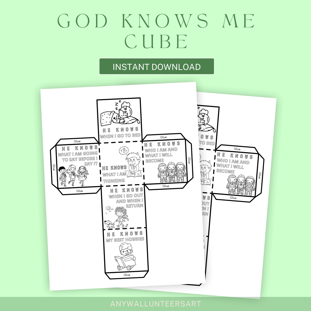 God Knows Me Coloring Cube, Sunday School Craft, Bible Coloring Page Learning Sheet, Bible Verse Sunday School Activity, Prayer Activity