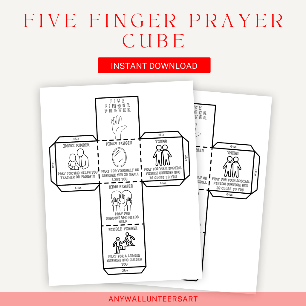 Five Finger Prayer Coloring Cube,Printable Christian Craft,Religious Craft for Kids,DIY Christian Printable for Children,Sunday School Craft - Image 2