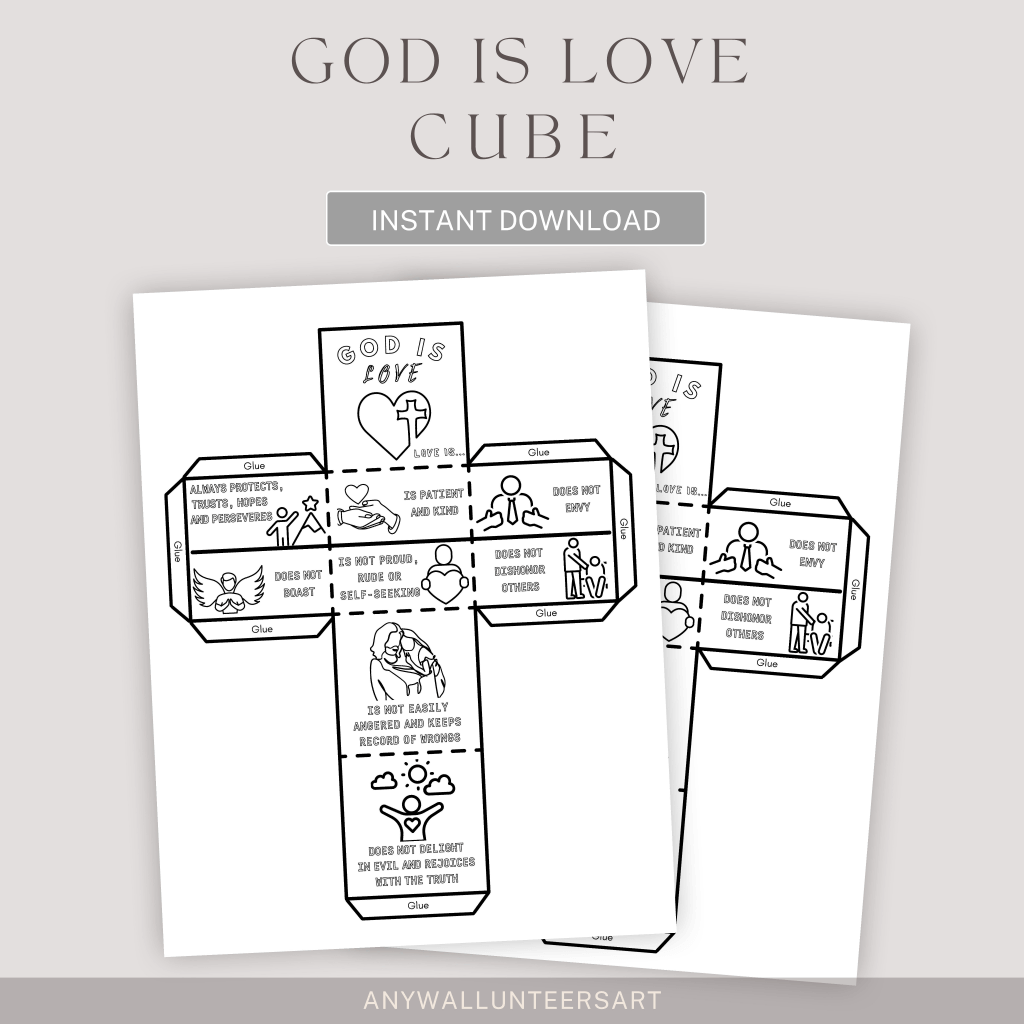 God Is Love Coloring Cube,Printable Bible Coloring Page Learning Sheet, Bible Verse Sunday School Activity, Printable Sunday School Craft - Image 2