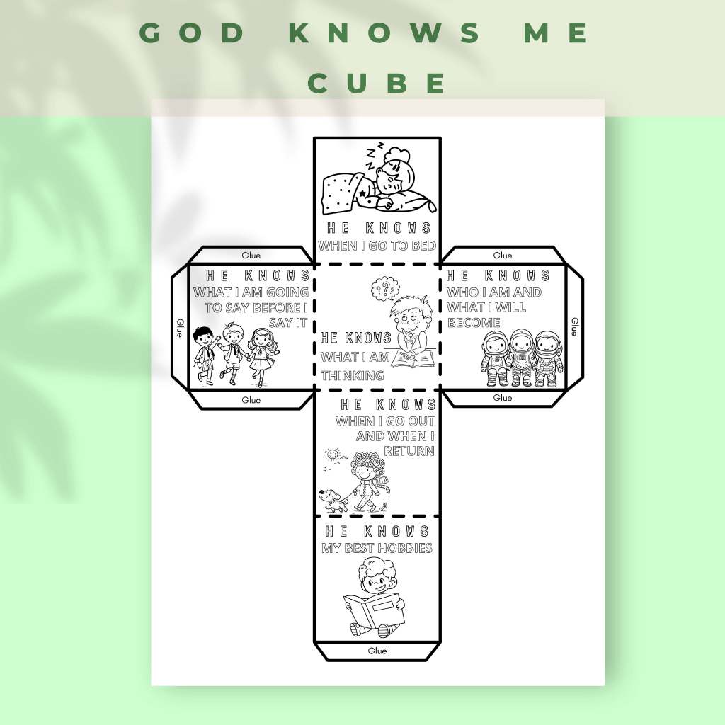 God Knows Me Coloring Cube, Sunday School Craft, Bible Coloring Page Learning Sheet, Bible Verse Sunday School Activity, Prayer Activity - Image 3